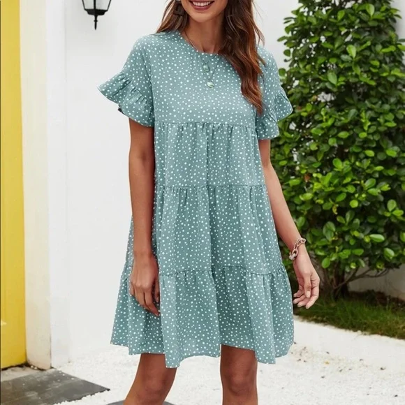 Boho dot flounce sleeve dress - Picture 1 of 6